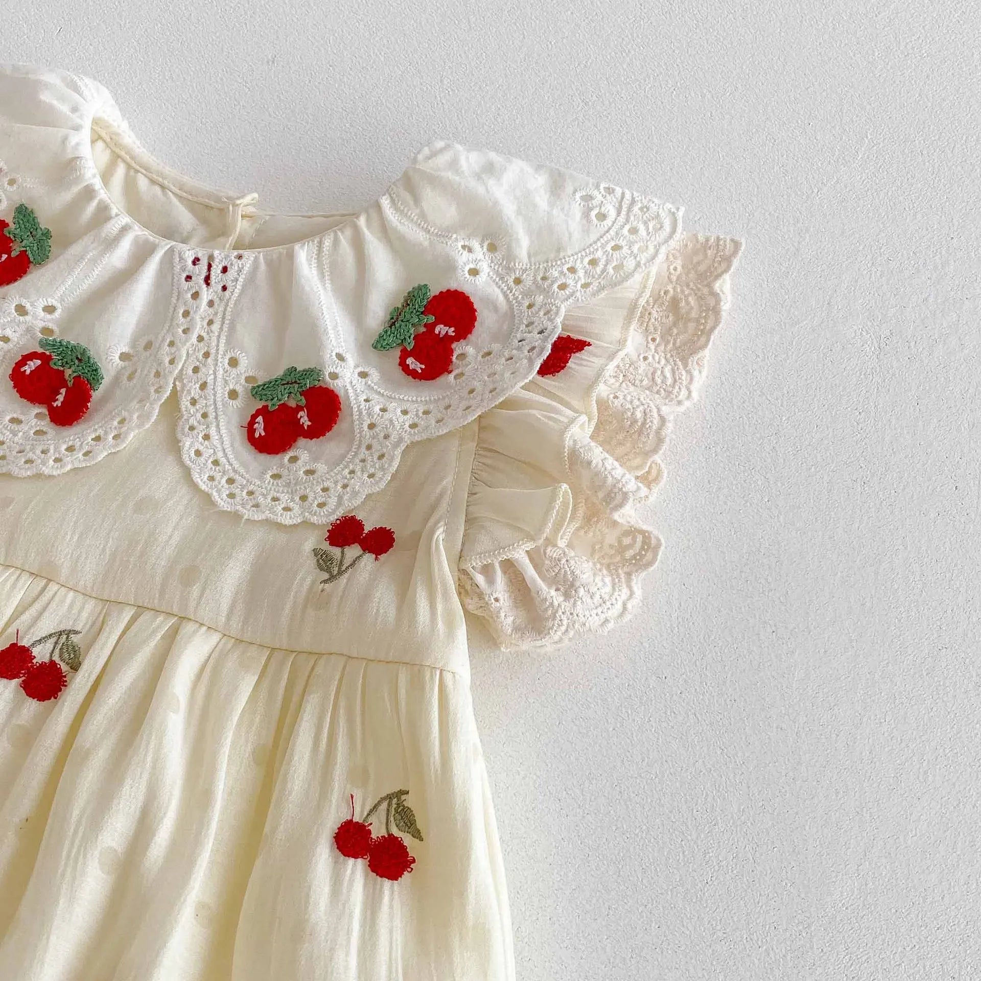 0-2 Y Baby Clothes Lace Collar Bodysuit Cherry Embroidery Baby Bodysuit & One Piece Infant Birthday Clothing
