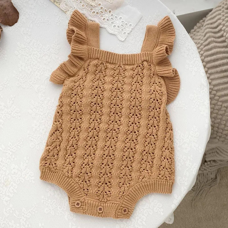 Autumn Spring Children Clothes Toddler Baby Girl Romper Sleeveless Solid Color Hollowed Out Knitting Infant Baby Girls Jumpsuit