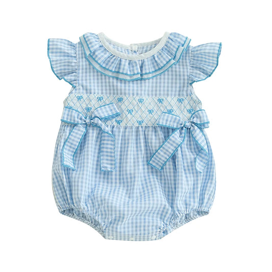 0-18M Newborn Baby Girl Summer Outfit Bow Smocked Bubble Romper Doll Collar Plaid Bodysuit Fly Sleeve Jumpsuit Clothes