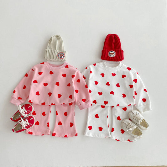 2025 Fall Toddler Girls Heart Print Sweatshirt Set Sweet Vintage Long Sleeve Flared Pants 2-Piece Girls Outfit Clothing Suit