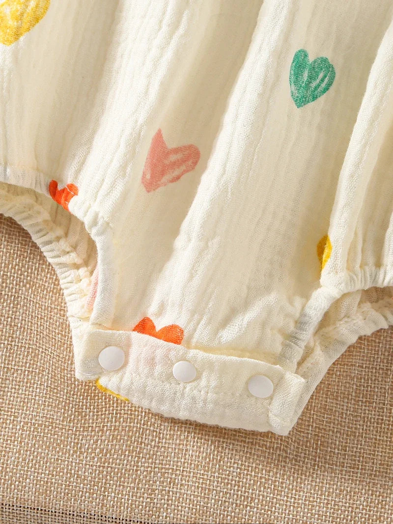 Summer Suspenders Bodysuit for Baby Girls 0-2Y Heart Printed One Piece Infant Clothes Toddler Sleeveless Jumpsuit with Hat
