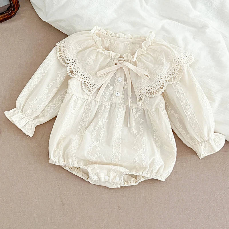Newborn Bodysuit 0-2Yrs Clothes Fashion Baby Romper Lace Peter Pan Collar Princess Bow Romper Long Sleeves Infant Girl Jumpsuit