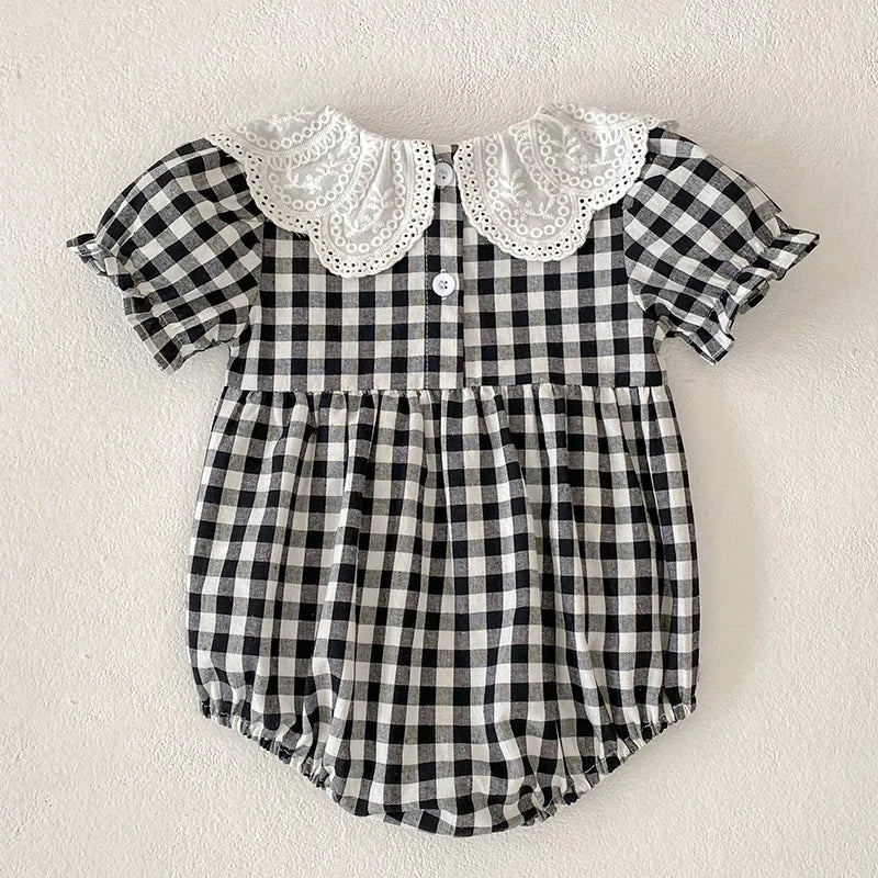 Fashion Clothing Summer Girls Jumpsuits Toddler Infant Baby Girl Short Sleeve Doll Collar Plaid Button Romper Jumpsuit Outfit