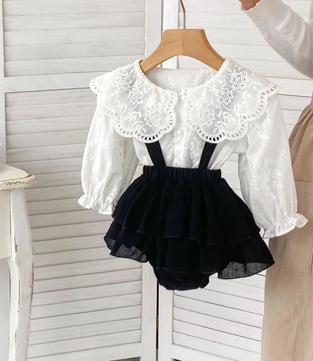 New Arrival 2pcs Toddler Baby Girls Princesss Suits for Newborns Peter Pan Collar Shirts and Lace Skirt Bodysuit Infant Girl Set