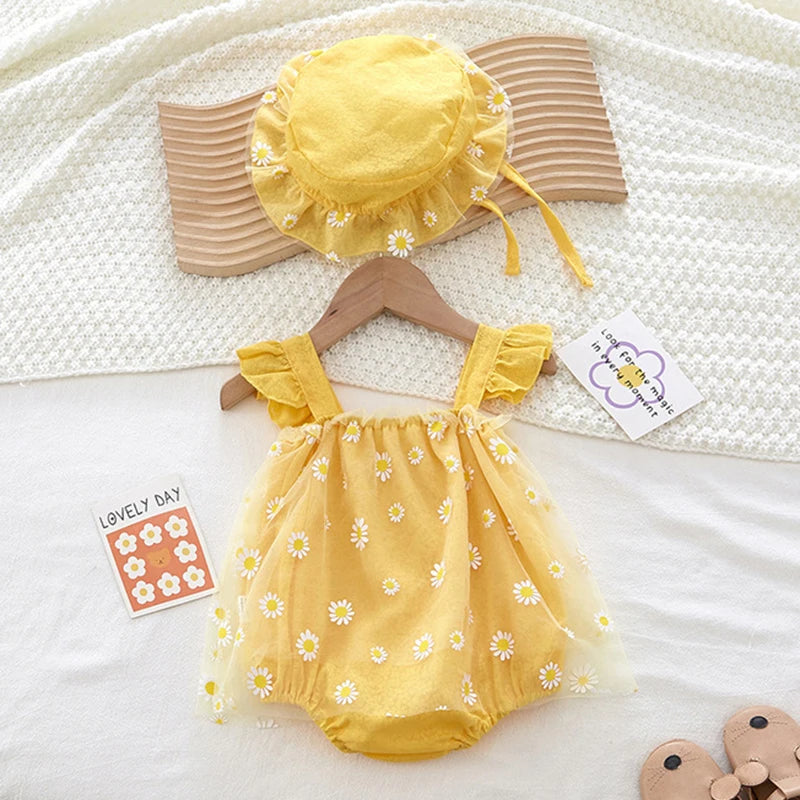 Summer Baby Girl Clothing Infant Baby Girls Jumpsuit+Hat Fly Sleeve Cotton Printing Mesh Splicing Toddler Baby Girl Romper