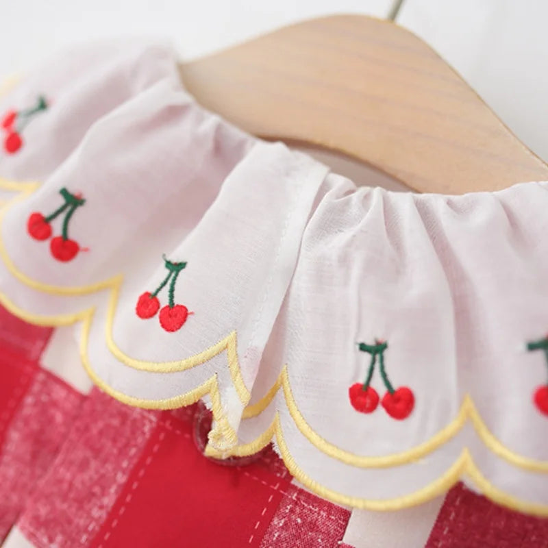 Baby Girl Dress Summer Red Checkered Cotton Short Sleeved Girl Dress Cute Cherry Embroidery Girl Dress