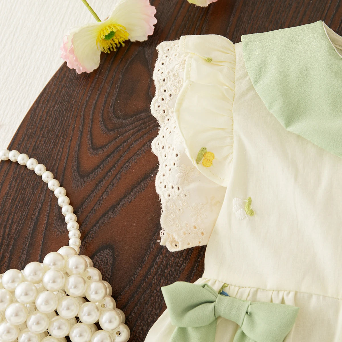 Baby Girl Clothing Summer Bow And Floral Pattern Doll Neck Girl Kid's Dress Cute Gentle Casual Baby Girl Dress