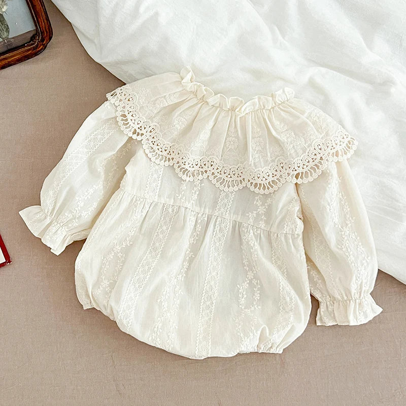 Newborn Bodysuit 0-2Yrs Clothes Fashion Baby Romper Lace Peter Pan Collar Princess Bow Romper Long Sleeves Infant Girl Jumpsuit