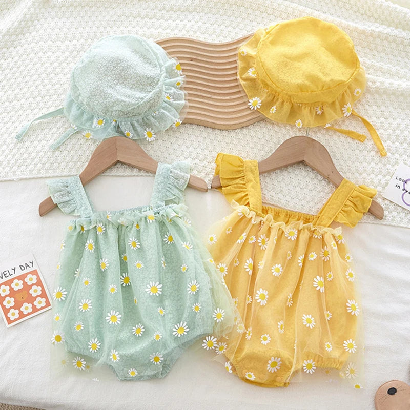 Summer Baby Girl Clothing Infant Baby Girls Jumpsuit+Hat Fly Sleeve Cotton Printing Mesh Splicing Toddler Baby Girl Romper
