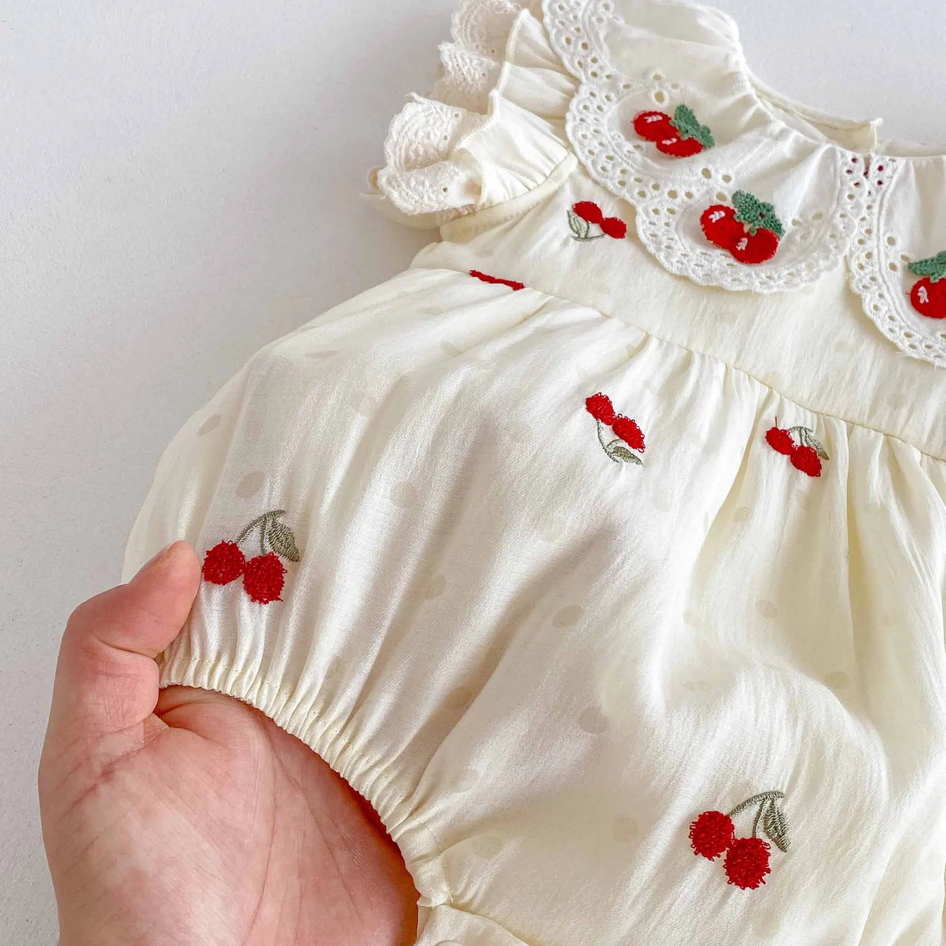 0-2 Y Baby Clothes Lace Collar Bodysuit Cherry Embroidery Baby Bodysuit & One Piece Infant Birthday Clothing