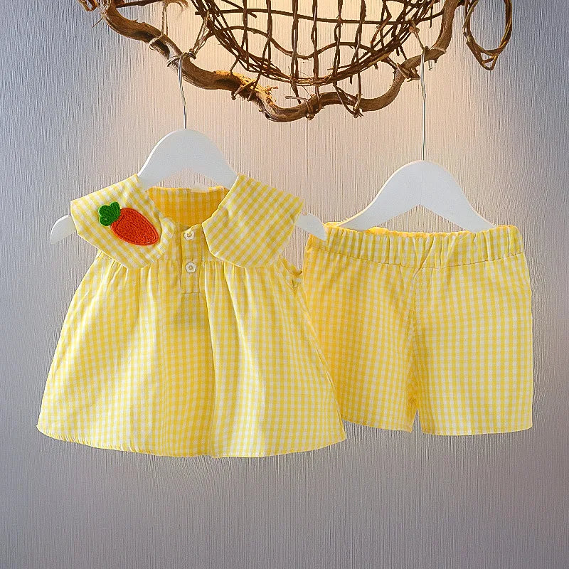 2025 Baby Girl Summer Clothes Sets Infant Kid Cute Fruit Cotton Girls Plaid Sweet Princess 2pcs Suit Children's Clothing Clothes