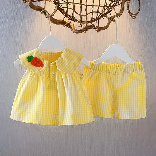 2025 Baby Girl Summer Clothes Sets Infant Kid Cute Fruit Cotton Girls Plaid Sweet Princess 2pcs Suit Children's Clothing Clothes