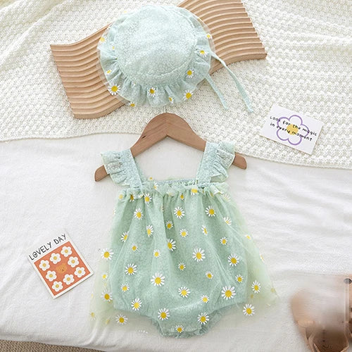 Summer Baby Girl Clothing Infant Baby Girls Jumpsuit+Hat Fly Sleeve Cotton Printing Mesh Splicing Toddler Baby Girl Romper
