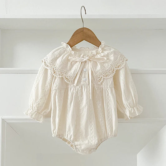 Newborn Bodysuit 0-2Yrs Clothes Fashion Baby Romper Lace Peter Pan Collar Princess Bow Romper Long Sleeves Infant Girl Jumpsuit