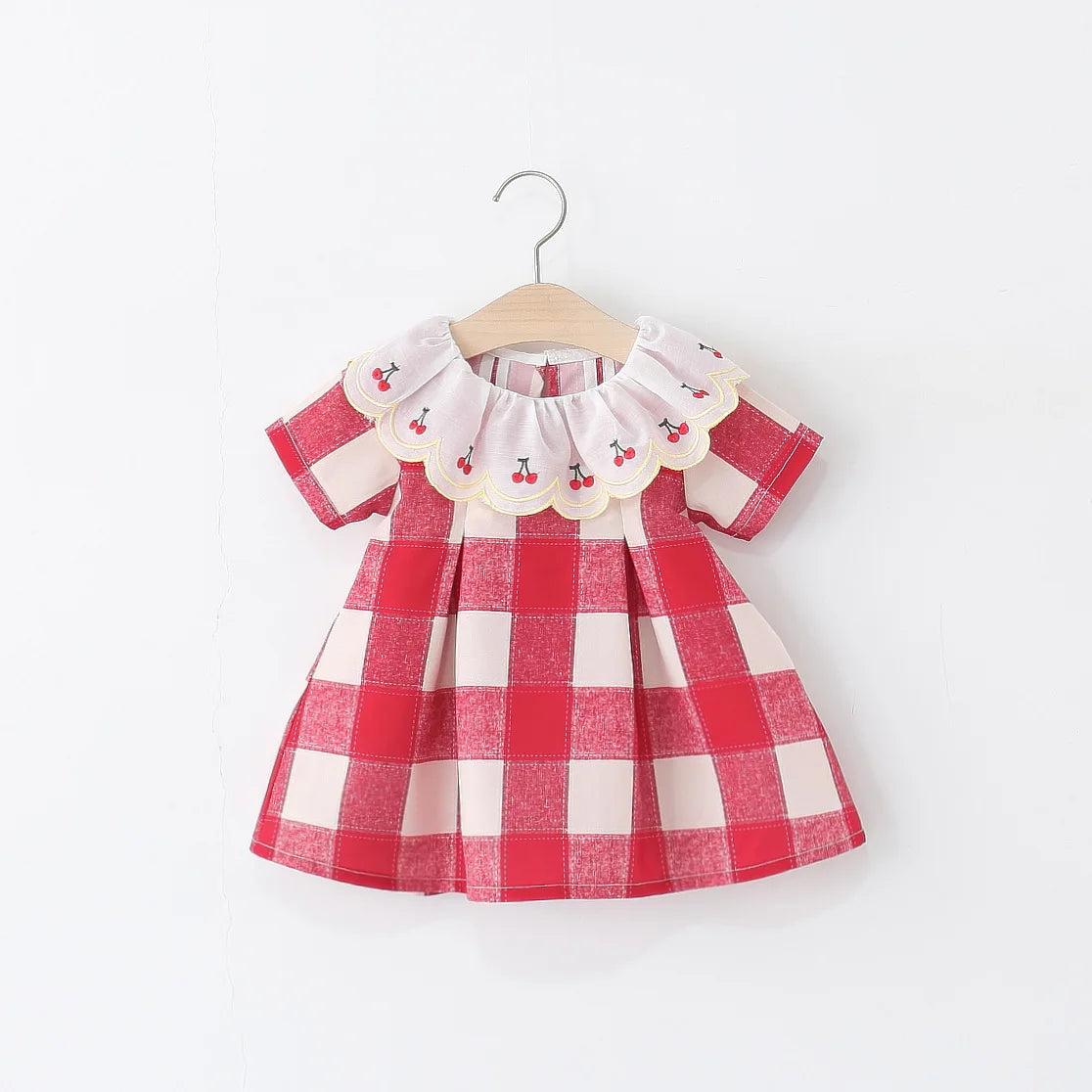 Baby Girl Dress Summer Red Checkered Cotton Short Sleeved Girl Dress Cute Cherry Embroidery Girl Dress
