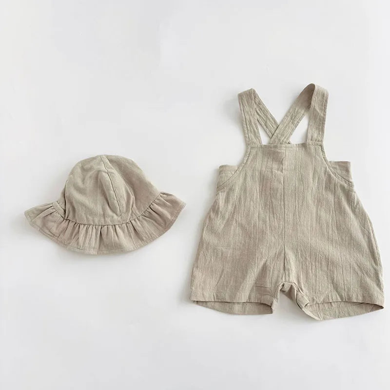 2025 New Summer Toddler Baby Boys Girl Clothes Suit Short Sleeved Cotton T-shirt Sleeveless Jumpsuit+Hat 0-3Yrs Children Clothes