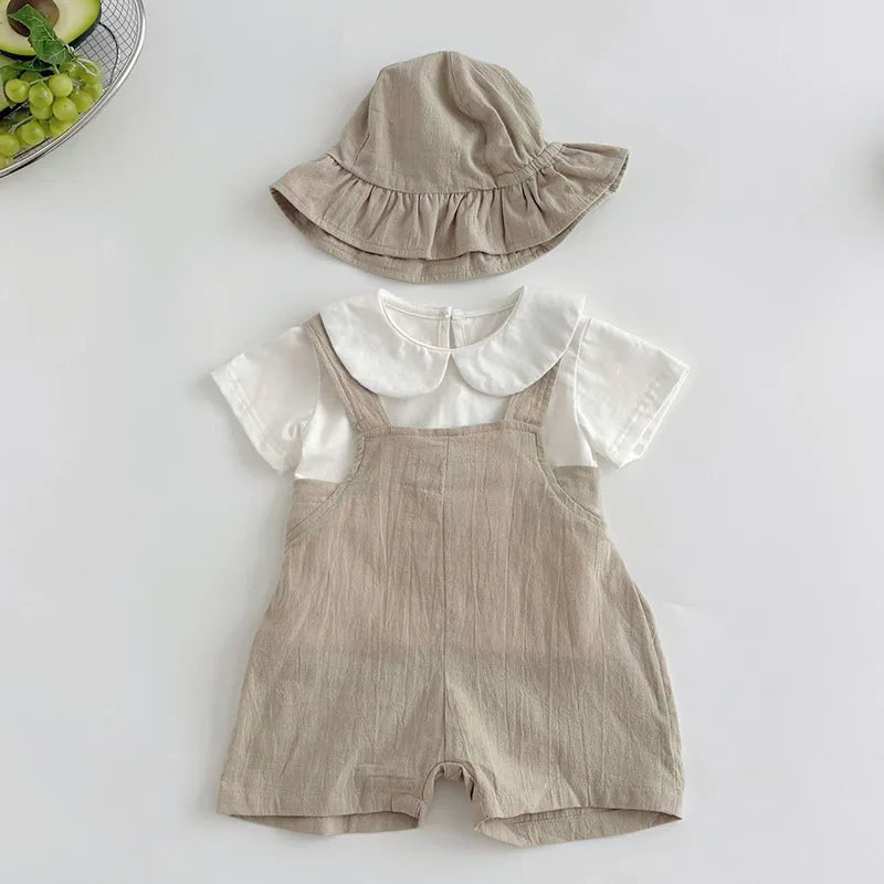 2025 New Summer Toddler Baby Boys Girl Clothes Suit Short Sleeved Cotton T-shirt Sleeveless Jumpsuit+Hat 0-3Yrs Children Clothes
