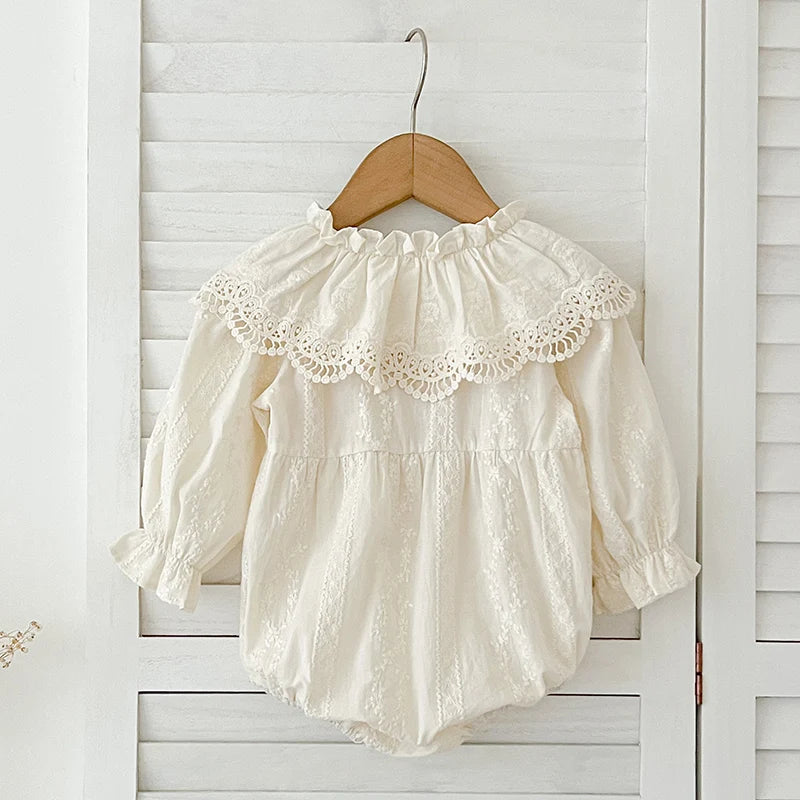 Newborn Bodysuit 0-2Yrs Clothes Fashion Baby Romper Lace Peter Pan Collar Princess Bow Romper Long Sleeves Infant Girl Jumpsuit
