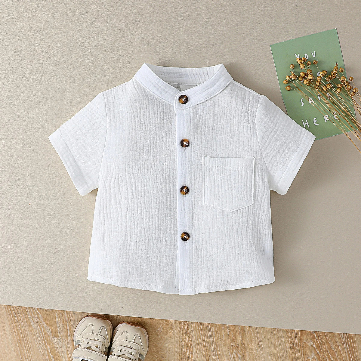 Boy Solid Color Cotton Soft Shirt Chest Pocket Stand Collar Short Sleeve Gentleman Shirt For Boys 1-3Y Summer Clothes