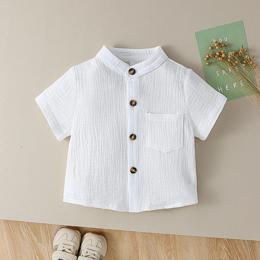 Boy Solid Color Cotton Soft Shirt Chest Pocket Stand Collar Short Sleeve Gentleman Shirt For Boys 1-3Y Summer Clothes
