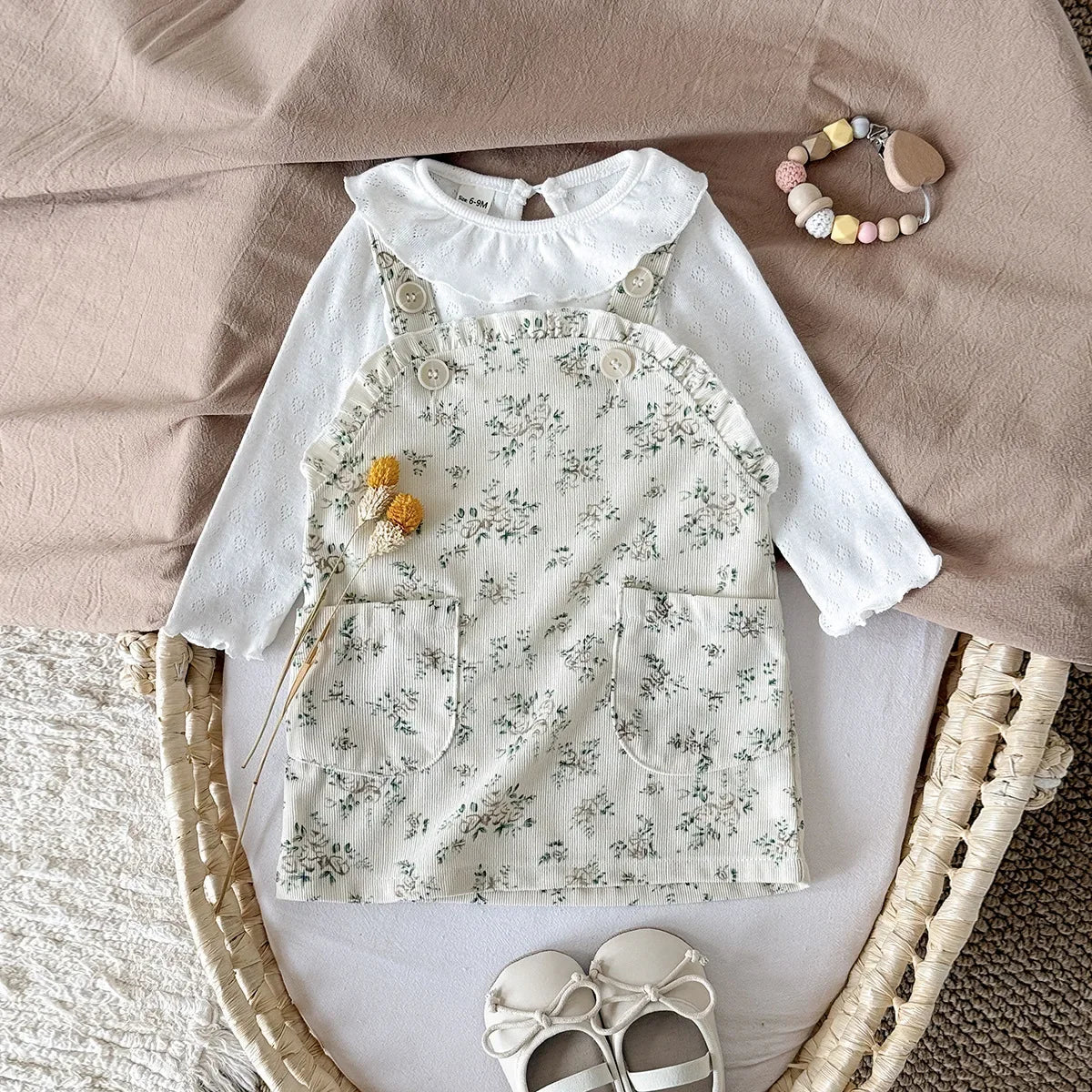 Newborn Clothes Girl 2Pcs Set Ruffle Collar Textured Top and Corduroy Floral Pinafore Dress 0-3Y Baby Girls Daily Outfit