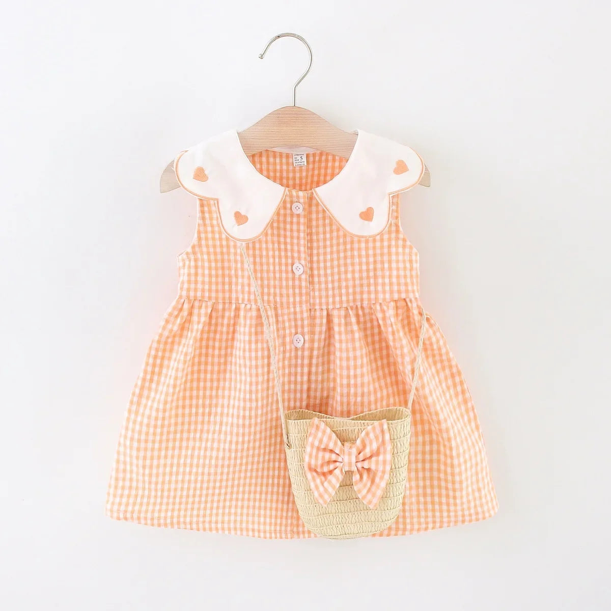 2PCS/SETSummer Girls' Dress New Foreign Trade Sweet Love Embroidered Lapel Simple Plaid Tank Top Skirt Strap Bag
