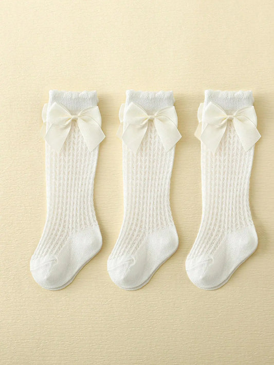 3 Pairs of Baby Girls Socks With Bownots Summer Mesh Lace Anti-Mosquito Kids Knee Socks Princess Long Socks For 0-6 Years Infant