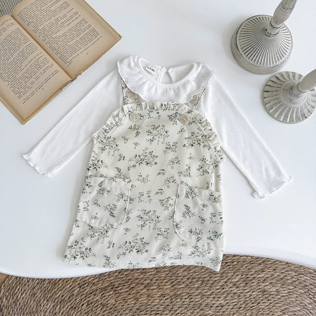 Newborn Clothes Girl 2Pcs Set Ruffle Collar Textured Top and Corduroy Floral Pinafore Dress 0-3Y Baby Girls Daily Outfit