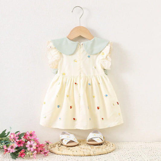 Baby Girl Clothing Summer Bow And Floral Pattern Doll Neck Simple Gentle Baby Dresses Cute Casual Girl Kid's Dress