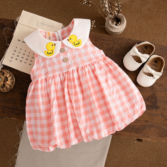 Baby Girl Dresses Summer New Sleeveless Sweet Casual Dresses For Girls Plaid Lapel Duck Embroidery Baby Clothes