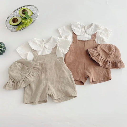 2025 New Summer Toddler Baby Boys Girl Clothes Suit Short Sleeved Cotton T-shirt Sleeveless Jumpsuit+Hat 0-3Yrs Children Clothes