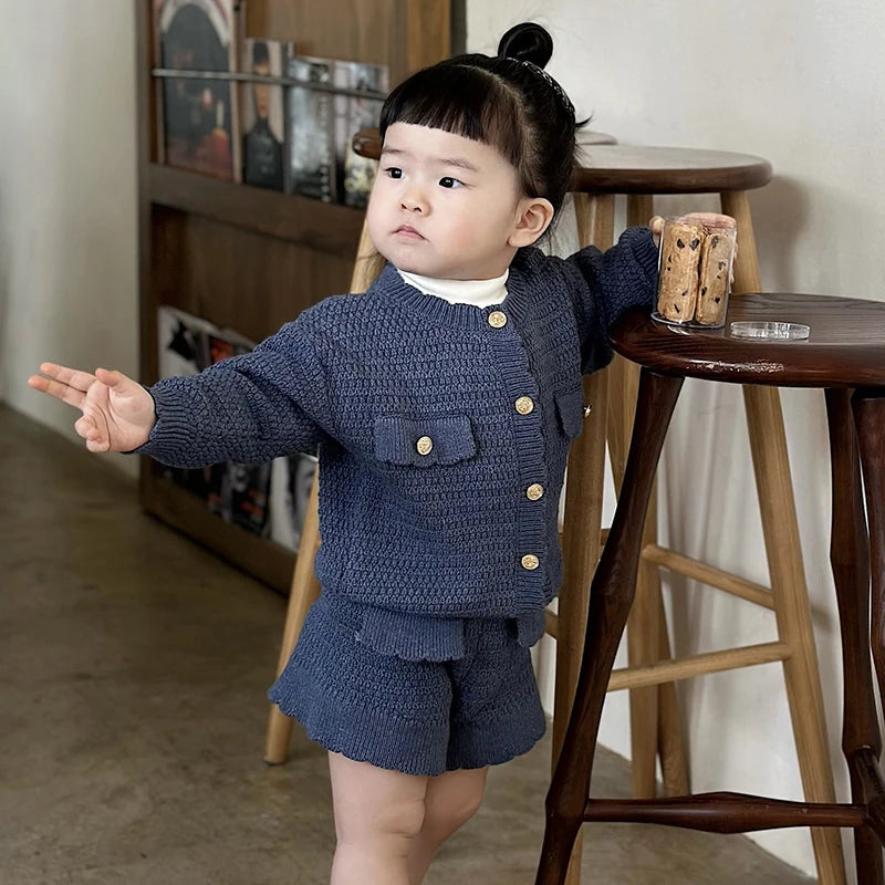 Autumn Girls Knit Suit Winter Toddlers Girls Knitted Sets Cardigan Sweater Shorts 2pcs KoreanBaby Kids Princess Outfits Suits