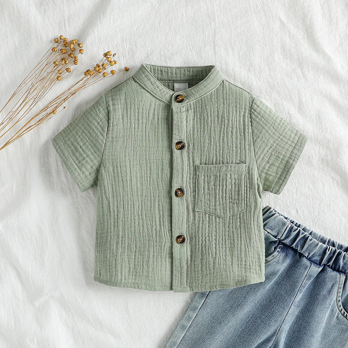 Boy Solid Color Cotton Soft Shirt Chest Pocket Stand Collar Short Sleeve Gentleman Shirt For Boys 1-3Y Summer Clothes