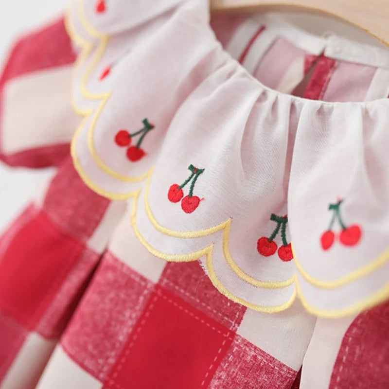 Baby Girl Dress Summer Red Checkered Cotton Short Sleeved Girl Dress Cute Cherry Embroidery Girl Dress