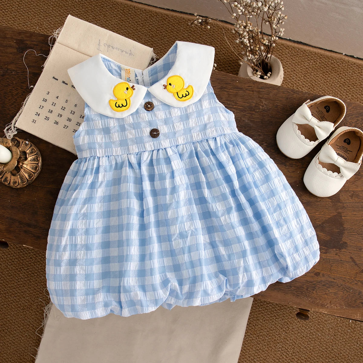 Baby Girl Dresses Summer New Sleeveless Sweet Casual Dresses For Girls Plaid Lapel Duck Embroidery Baby Clothes
