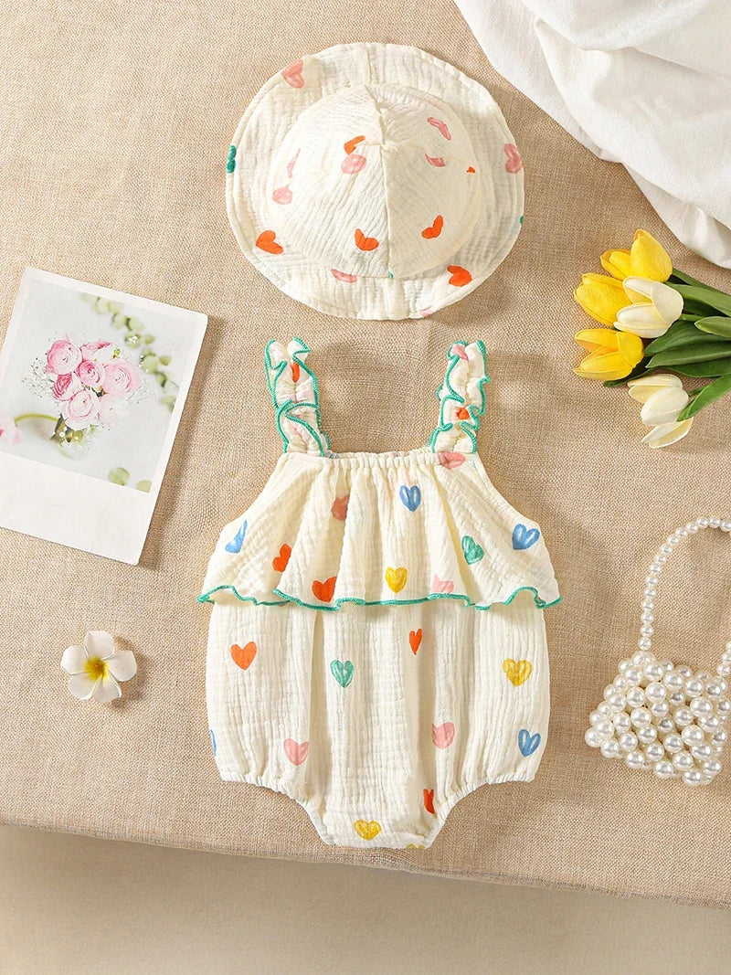Summer Suspenders Bodysuit for Baby Girls 0-2Y Heart Printed One Piece Infant Clothes  Toddler Sleeveless Jumpsuit with Hat