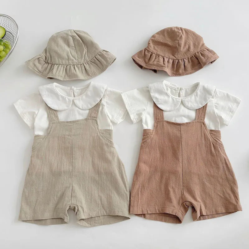 2025 New Summer Toddler Baby Boys Girl Clothes Suit Short Sleeved Cotton T-shirt Sleeveless Jumpsuit+Hat 0-3Yrs Children Clothes