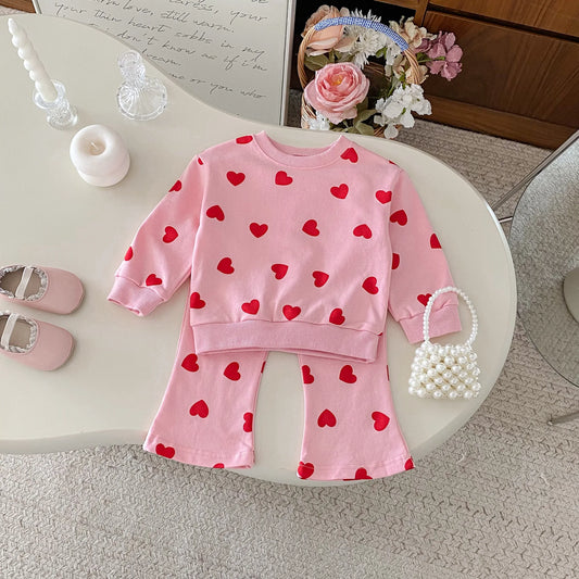 2025 Fall Toddler Girls Heart Print Sweatshirt Set Sweet Vintage Long Sleeve Flared Pants 2-Piece Girls Outfit Clothing Suit