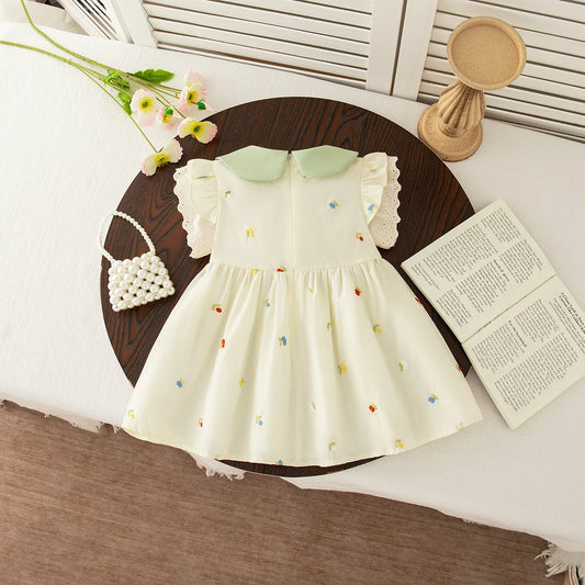 Baby Girl Clothing Summer Bow And Floral Pattern Doll Neck Girl Kid's Dress Cute Gentle Casual Baby Girl Dress