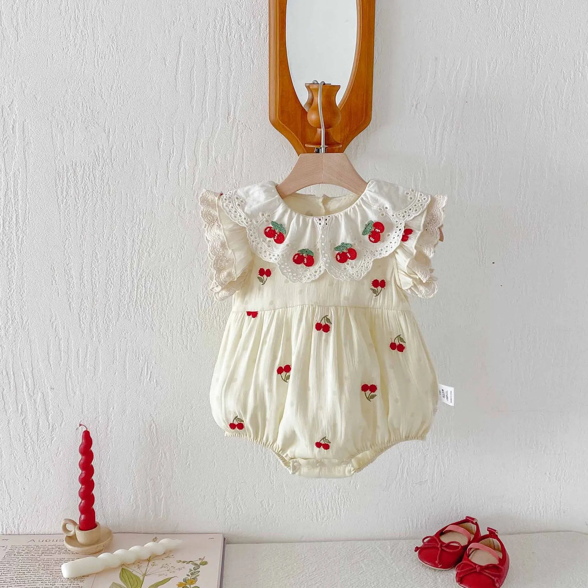 0-2 Y Baby Clothes Lace Collar Bodysuit Cherry Embroidery Baby Bodysuit & One Piece Infant Birthday Clothing