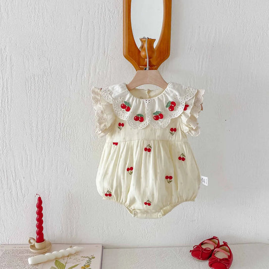 0-2 Y Baby Clothes Lace Collar Bodysuit Cherry Embroidery Baby Bodysuit & One Piece Infant Birthday Clothing