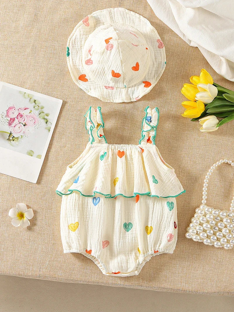 Summer Suspenders Bodysuit for Baby Girls 0-2Y Heart Printed One Piece Infant Clothes  Toddler Sleeveless Jumpsuit with Hat
