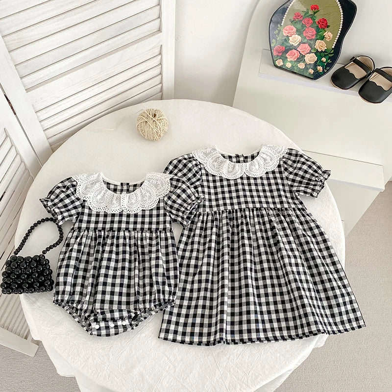 Fashion Clothing Summer Girls Jumpsuits Toddler Infant Baby Girl Short Sleeve Doll Collar Plaid Button Romper Jumpsuit Outfit