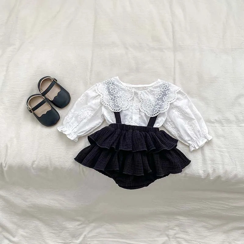 New Arrival 2pcs Toddler Baby Girls Princesss Suits for Newborns Peter Pan Collar Shirts and Lace Skirt Bodysuit Infant Girl Set