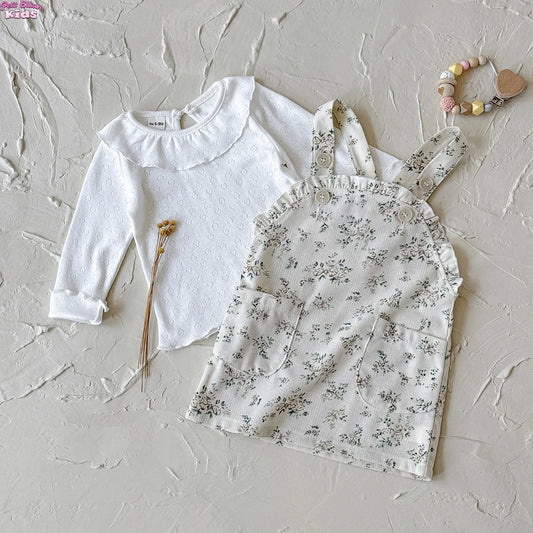 Newborn Clothes Girl 2Pcs Set Ruffle Collar Textured Top and Corduroy Floral Pinafore Dress 0-3Y Baby Girls Daily Outfit