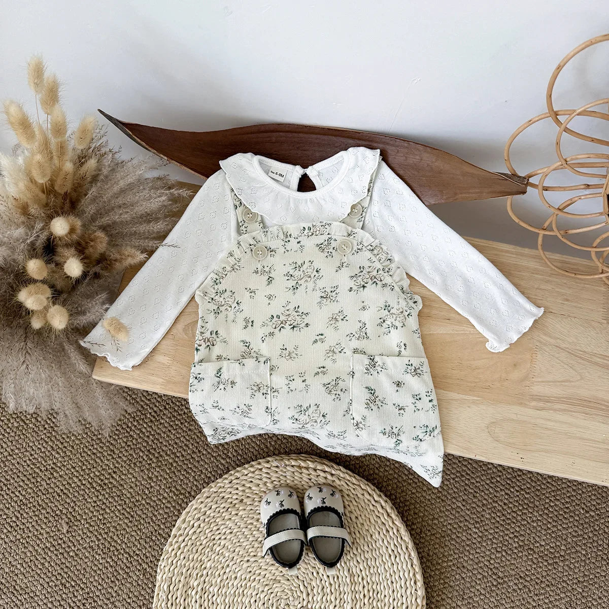 Newborn Clothes Girl 2Pcs Set Ruffle Collar Textured Top and Corduroy Floral Pinafore Dress 0-3Y Baby Girls Daily Outfit