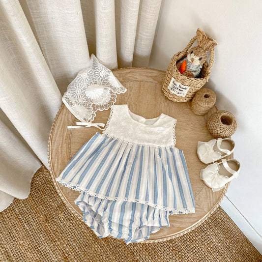 Summer new 0-3 year old baby clothing, baby girl set, striped patchwork sleeveless top+shorts