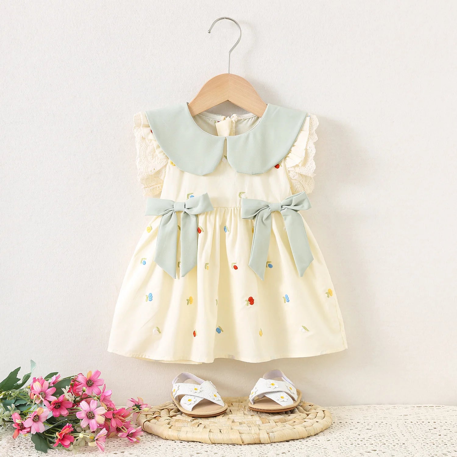 Baby Girl Clothing Summer Bow And Floral Pattern Doll Neck Simple Gentle Baby Dresses Cute Casual Girl Kid's Dress
