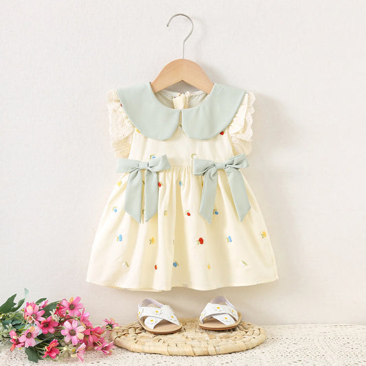 Baby Girl Clothing Summer Bow And Floral Pattern Doll Neck Simple Gentle Baby Dresses Cute Casual Girl Kid's Dress