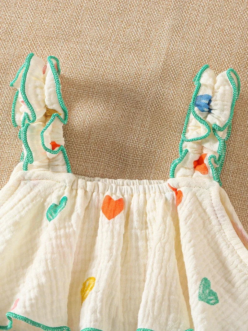 Summer Suspenders Bodysuit for Baby Girls 0-2Y Heart Printed One Piece Infant Clothes Toddler Sleeveless Jumpsuit with Hat